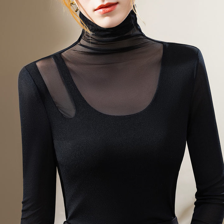 Dame langærmet skjorte med transparente indsatser og elegant ståkrave Stilla