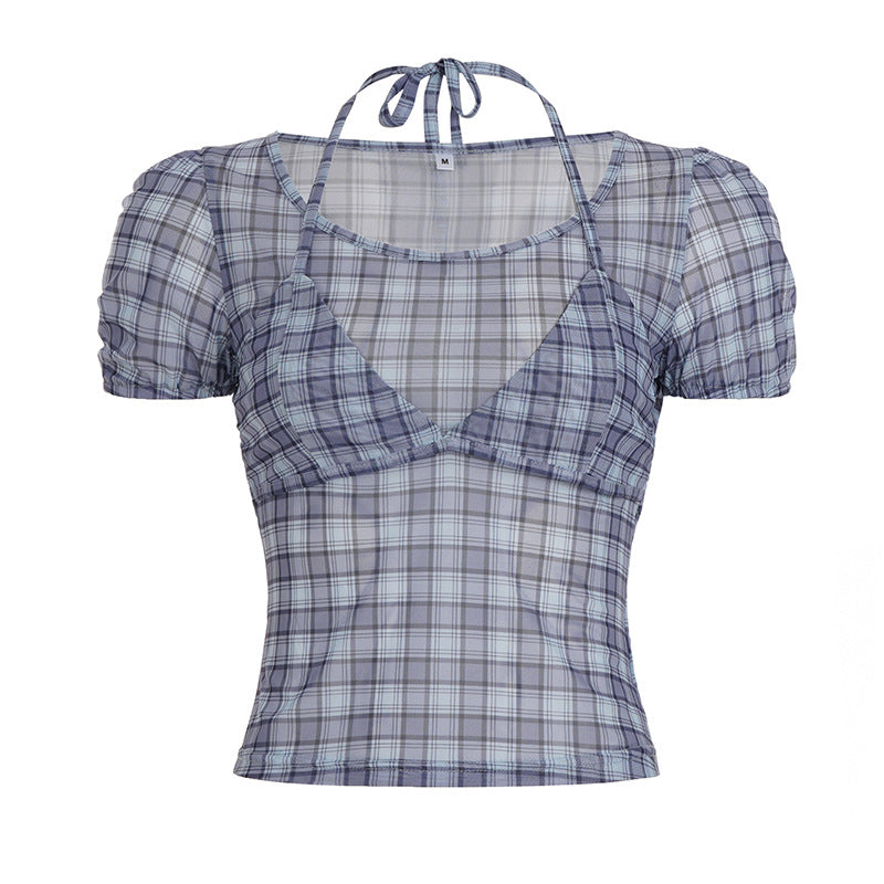 Dame mode, checked top with elegant spaghetti straps Skovae