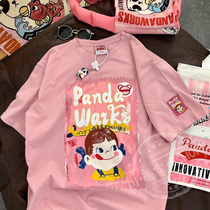 Dame T-shirt med kreativ panda grafiktryk og løs pasform Stilla
