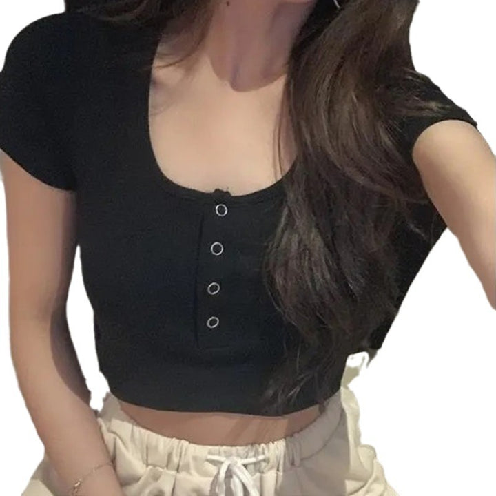 Dame Crop Top T-Shirt med knapliste og elastisk talje Skovae
