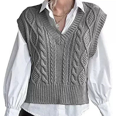 Dame strikpullover i vintage-look med V-udskæring og fletmønster Stilla