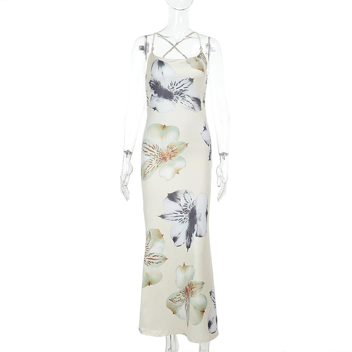 Dame elegant maxikjole med blomsterprint og justerbare spaghetti-stropper Skovae