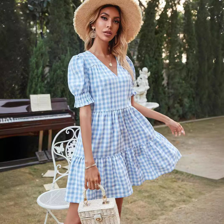 Damer Gingham-kjole med flæser og pufærmer Skovae