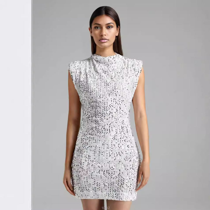 Kvindernes Glitrende Mini Kjole med Elegant Ståkrave og Skinnende Pailletter Skovae