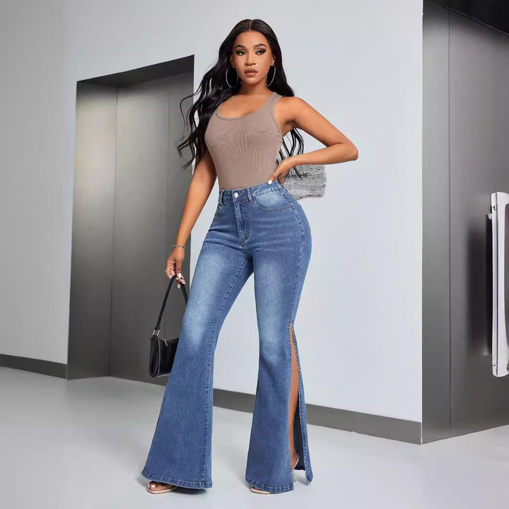 Kvindernes elegante højtaljede flagede jeans med sideslids Stilla