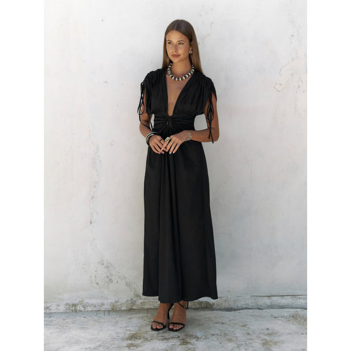 Dame elegant Maxi Kjole med raffineret indpakningsdesign og dyb V-hals Skovae