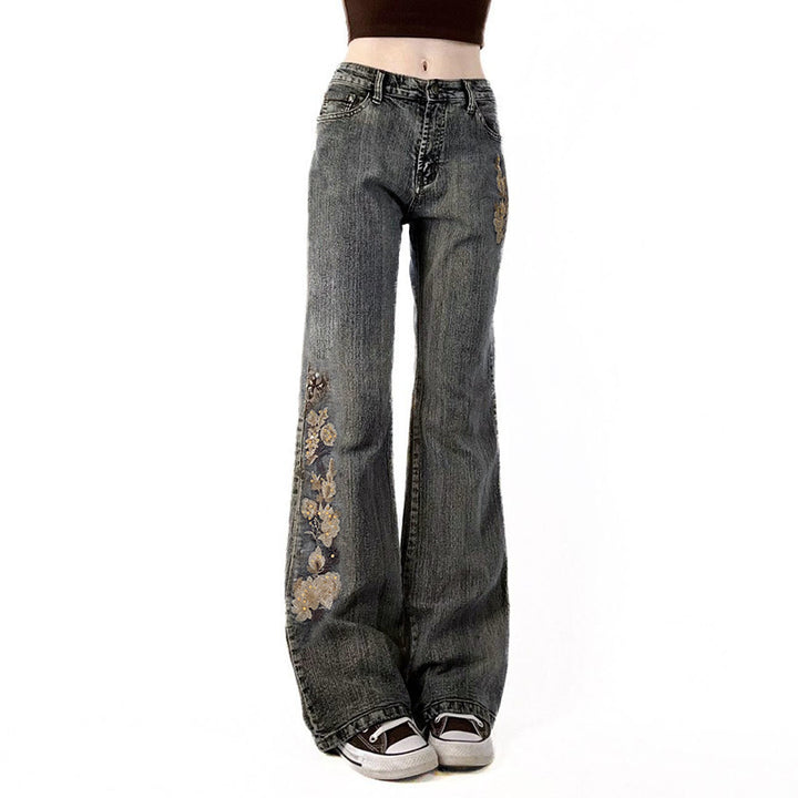 Dame Flared Jeans med floralt broderidesign Skovae