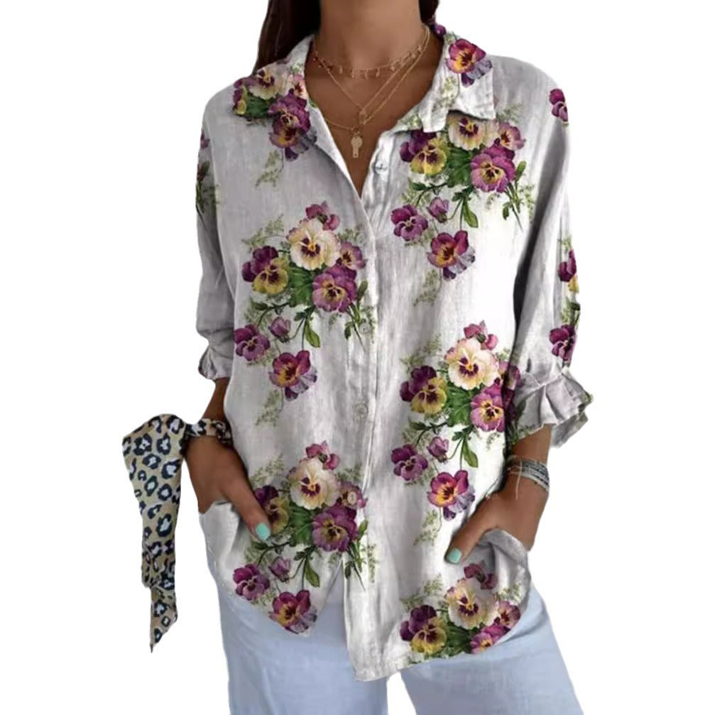 Dame nan lette linnedlook-skjorte med blomsterprint, løs pasform, opkræftelige ærmer og sidelommer Skovae