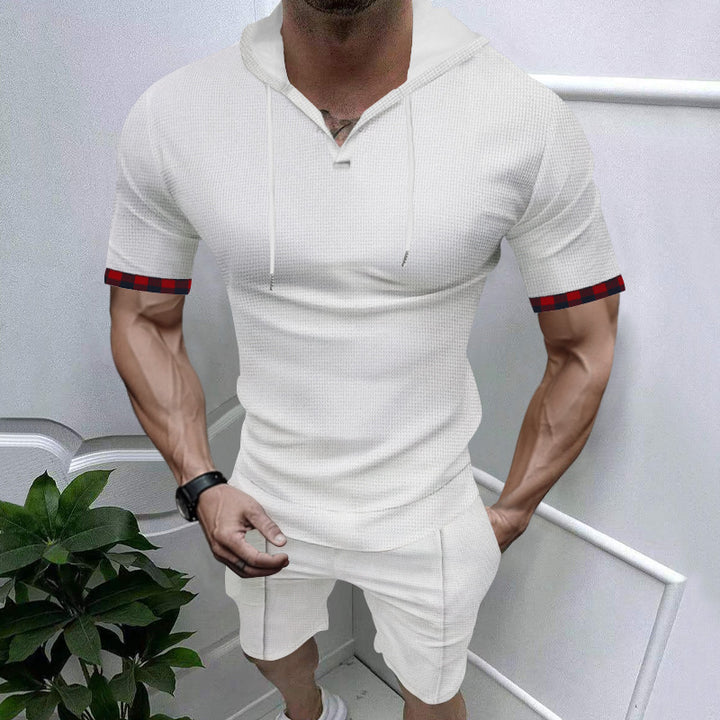 Herrer nano sommerligt hætte-lounge-sæt i let vaffelstruktur med kortærmet hoodie Henley-åbning og komfort-bukser Skovae