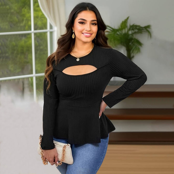 Dame Elegant Langærmet Top med smart Cut-Out og svungent Kant Stilla