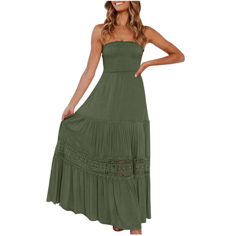 Dame strapless maxikjole med elegant blondedekor Stilla
