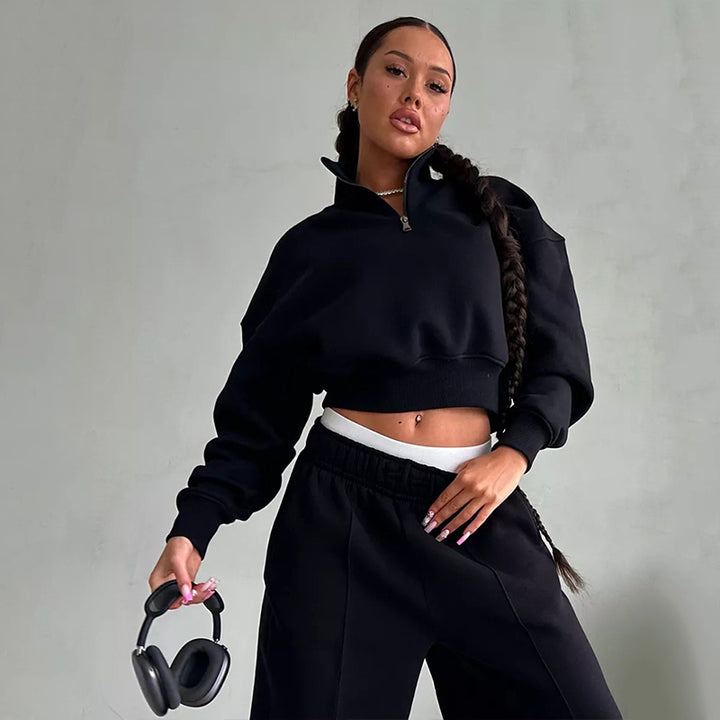 Klassisk cropped sweatshirt til kvinder med høj krave Skovae