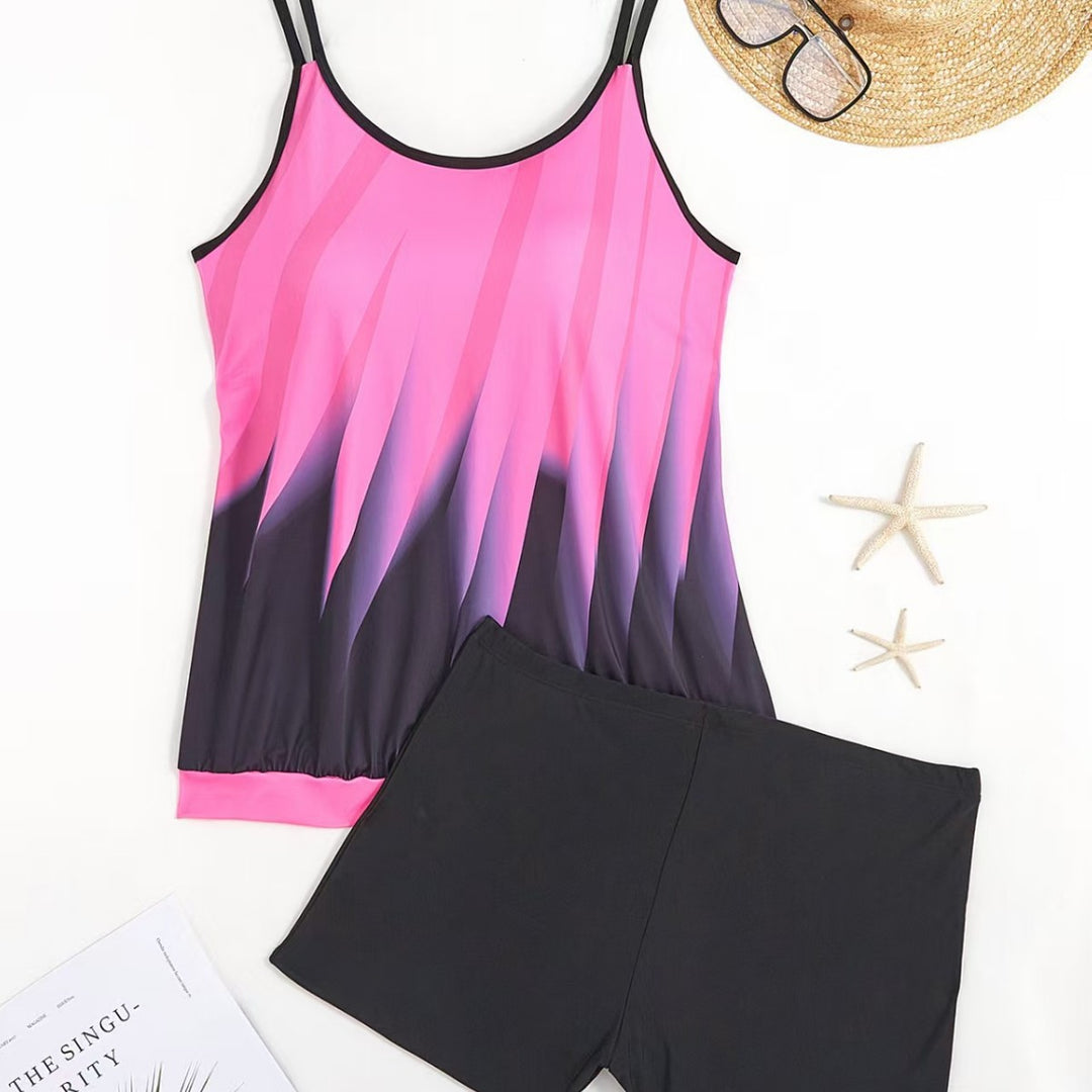 Dame sporty tankini sæt med farverigt top og komfortable shorts Skovae