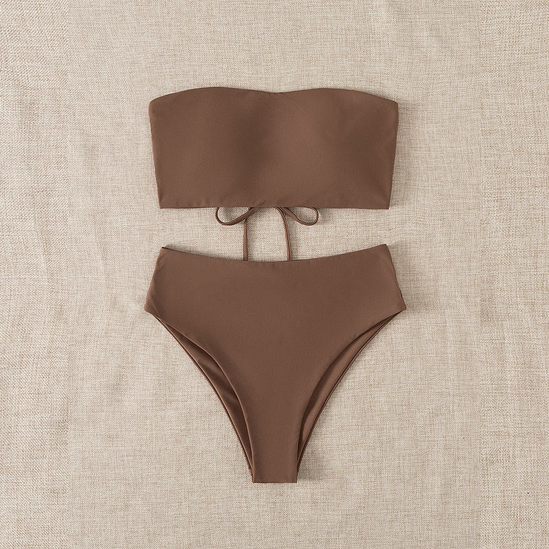 Dame bikini-sæt med bandeau-top og høj talje-bikini-bund Skovae