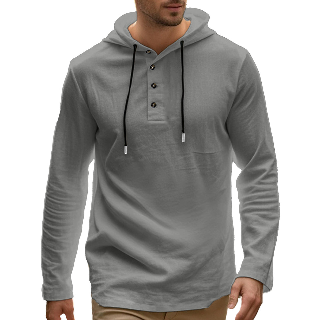Herrer casual hættepullover i Henley-stil med knaplukning og justerbar snor Skovae