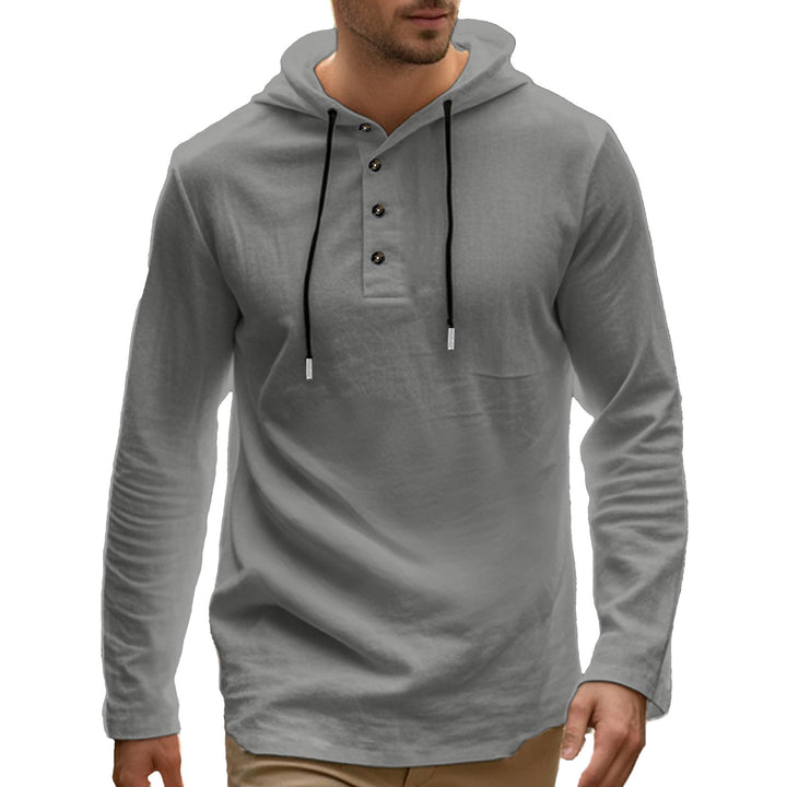 Herrer casual hættepullover i Henley-stil med knaplukning og justerbar snor Skovae