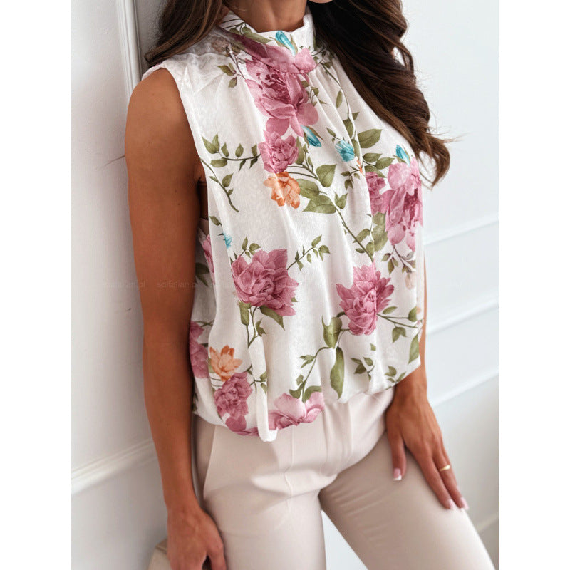 Dame blomsterprint plisseret halterneck top bluse Stilla