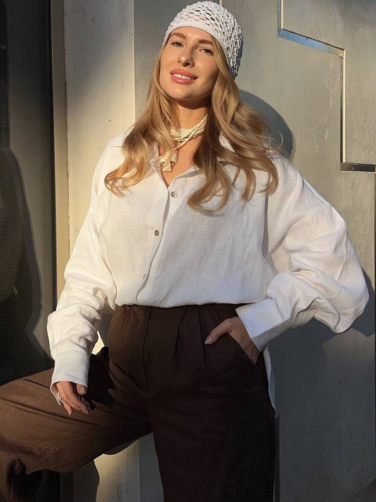 Dame luftig linned blouse med stilfuldt knudedetalje og lange ærmer Stilla