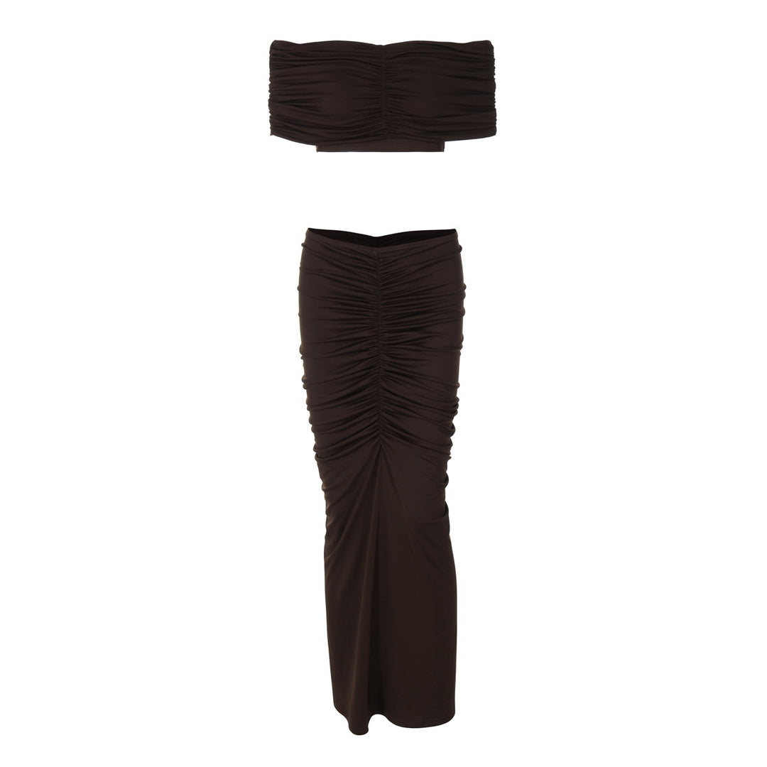 Dame Elegante Crop-Top og Maxi-Nederdel Ensemble med Rynkeeffekter Stilla