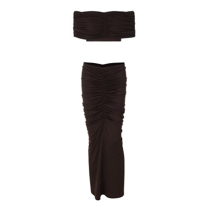 Dame Elegante Crop-Top og Maxi-Nederdel Ensemble med Rynkeeffekter Stilla