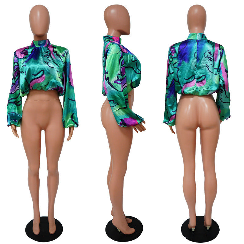 Dame Kunstnerisk Crop-Bluse med voluminøse ærmer og farverig grafiktryk Stilla
