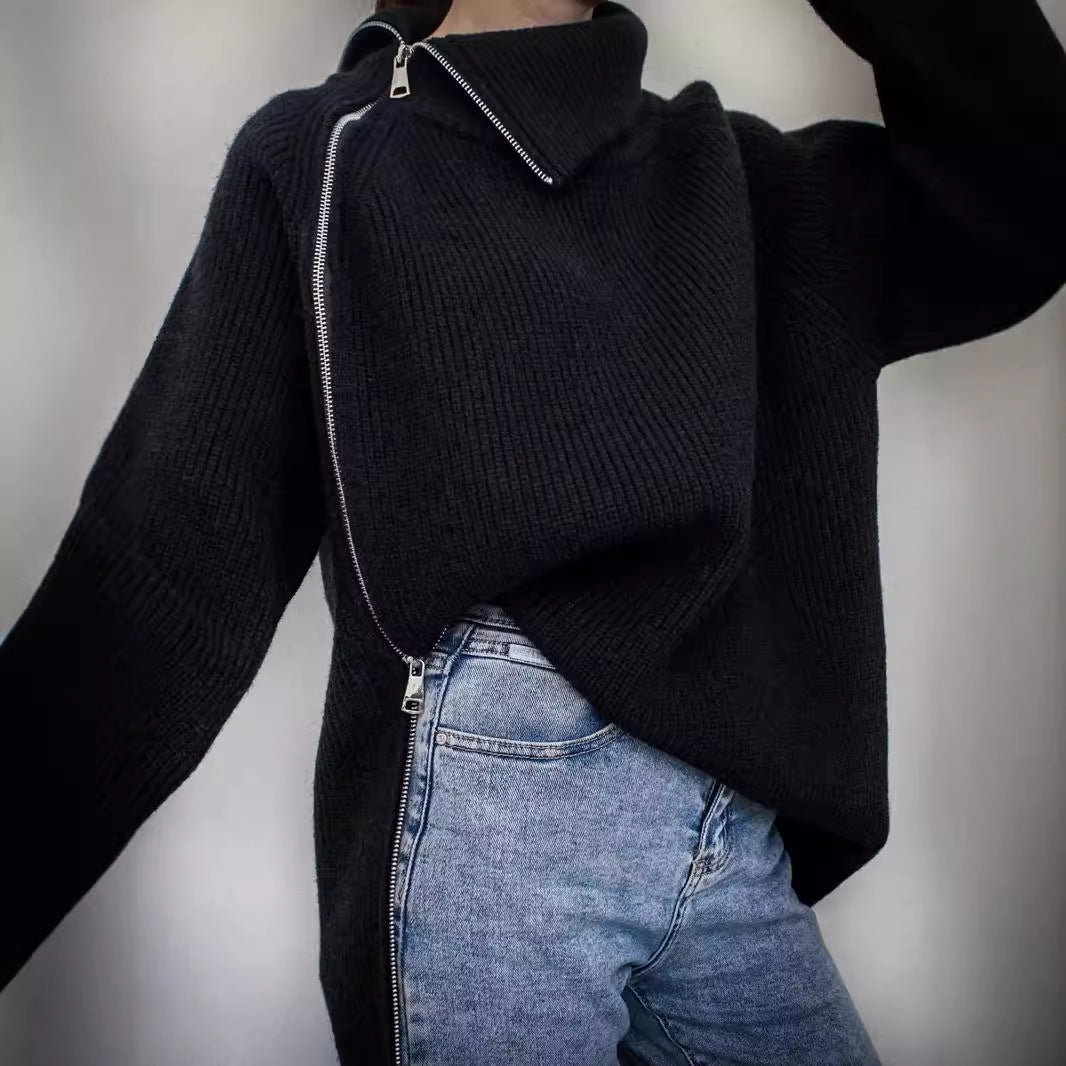 Dame afslappet strikpullover med asymmetrisk lynlås og stor krave Stilla