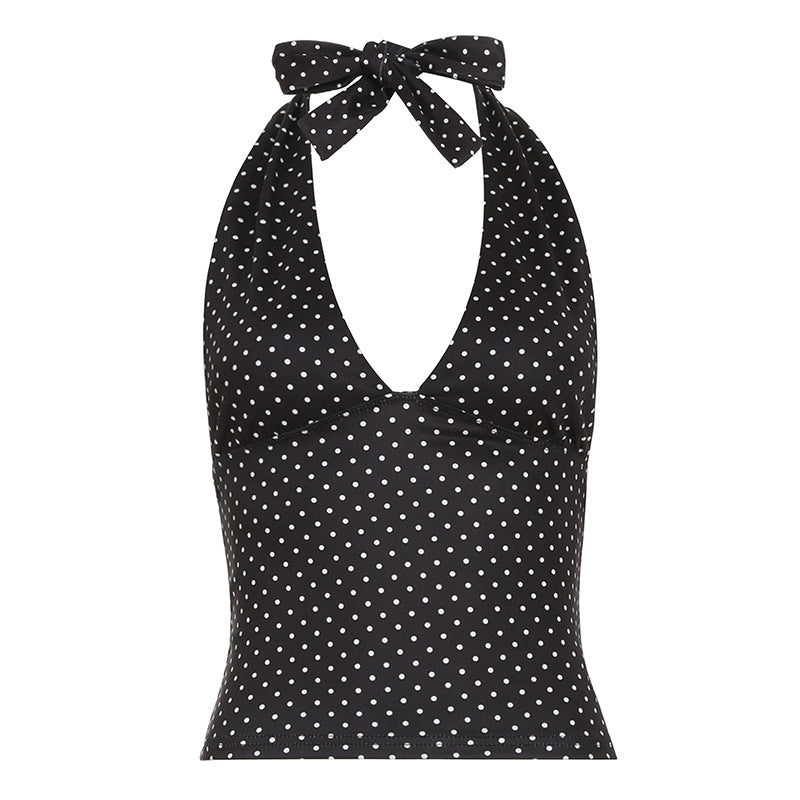 Dame halterneck top med legende prikdesign Skovae