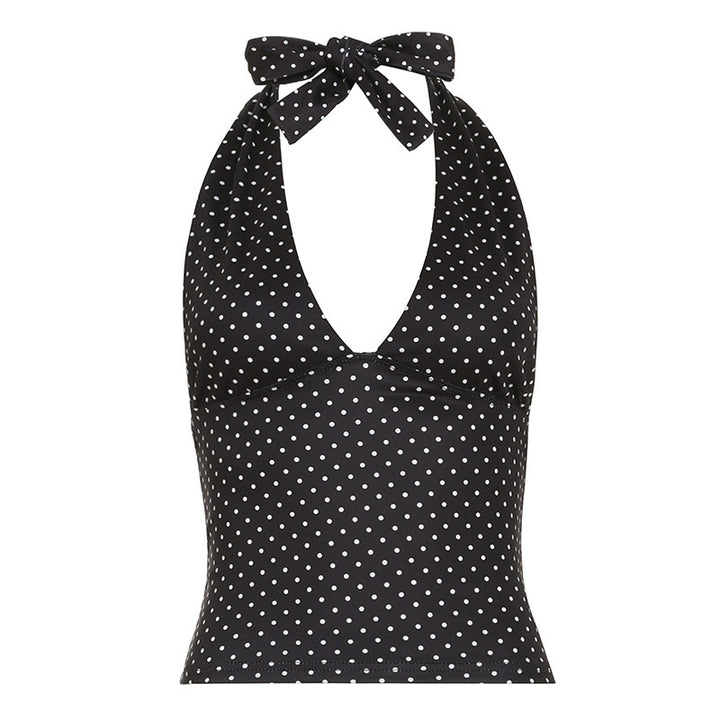 Dame halterneck top med legende prikdesign Skovae