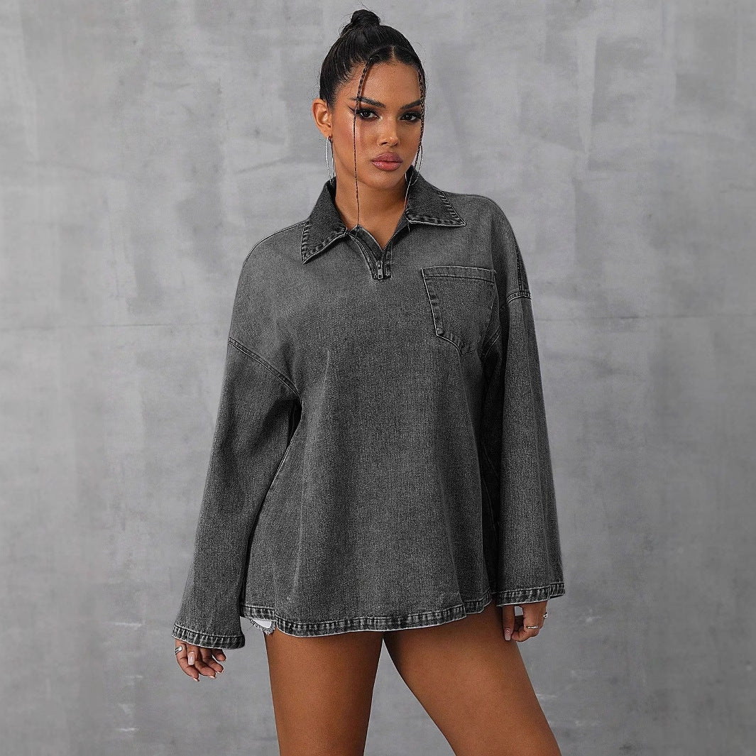 Kvinders oversized denim-bluse med praktisk lynlås og afslappet krave Stilla