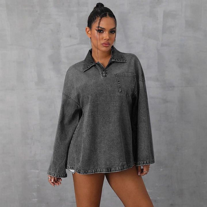 Kvinders oversized denim-bluse med praktisk lynlås og afslappet krave Stilla