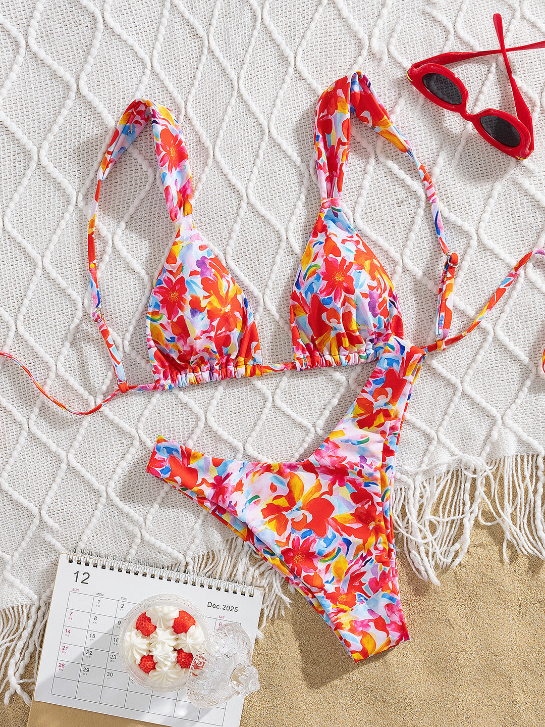 Damer triangel-bikini med farverigt blomsterdesign og justerbare stropper Skovae