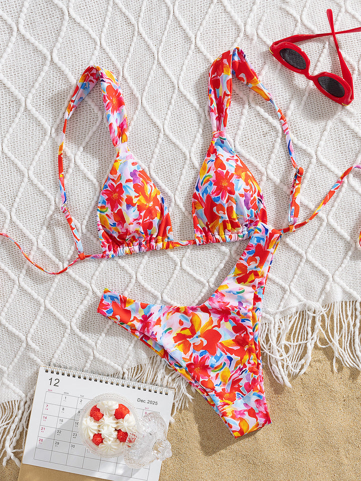 Damer triangel-bikini med farverigt blomsterdesign og justerbare stropper Skovae