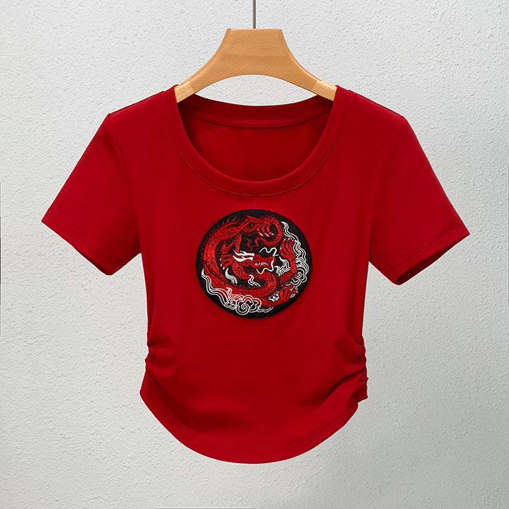 Dame T-Shirt med farverig dragebroderi Stilla