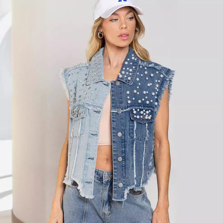 Dame jeansvest med kunstperler og frynser Stilla