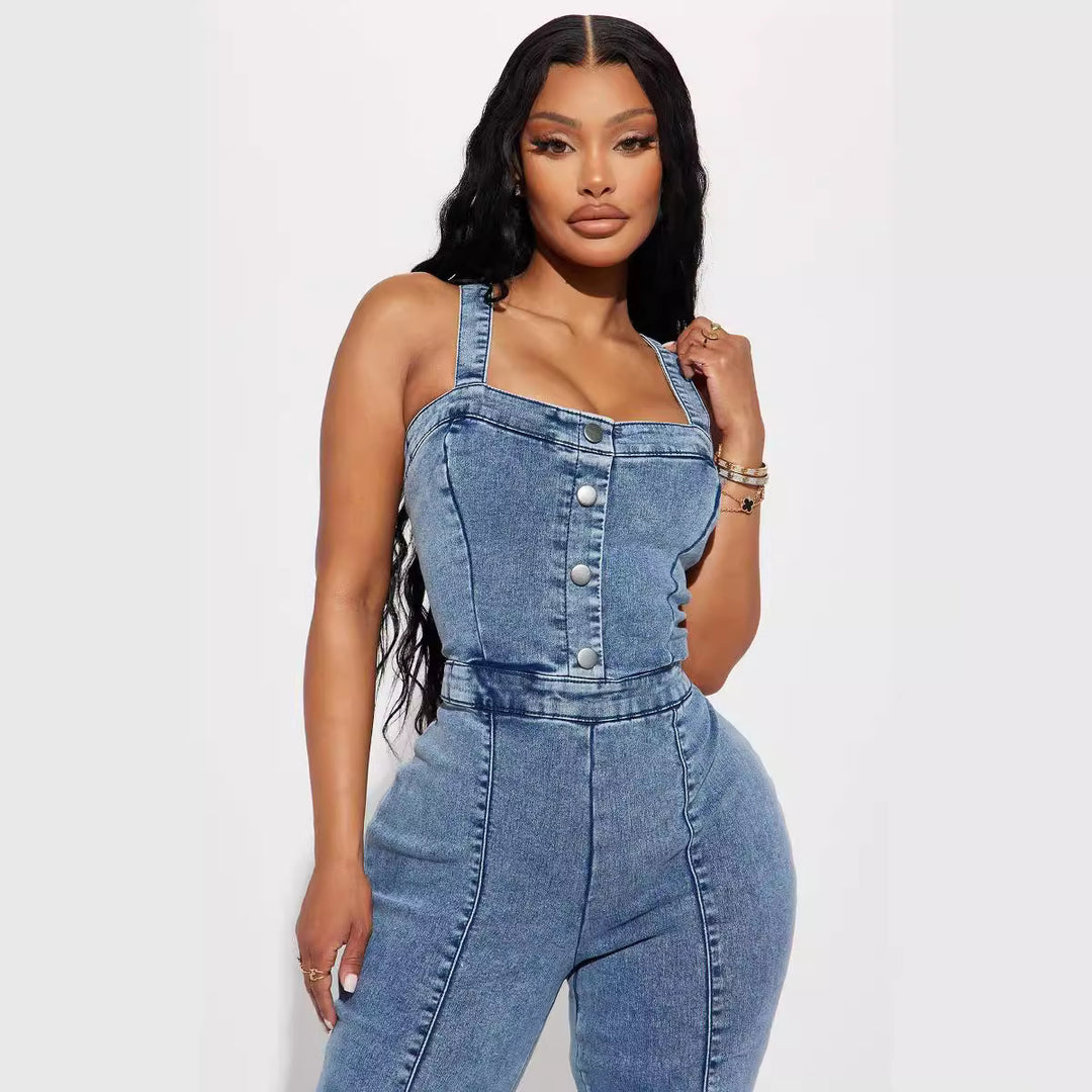 Dame Denim-Overalls med figursyet pasform og afslappede klapben Stilla