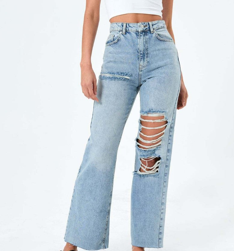 Dame High-Waist Jeans med fashionabelt Destroyed-elementer Stilla