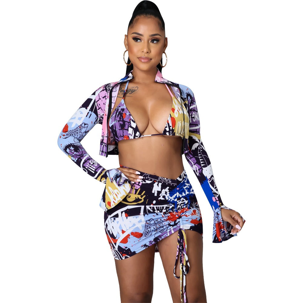 Dame Strand-outfit med kreativt print og asymmetrisk nederdel Stilla