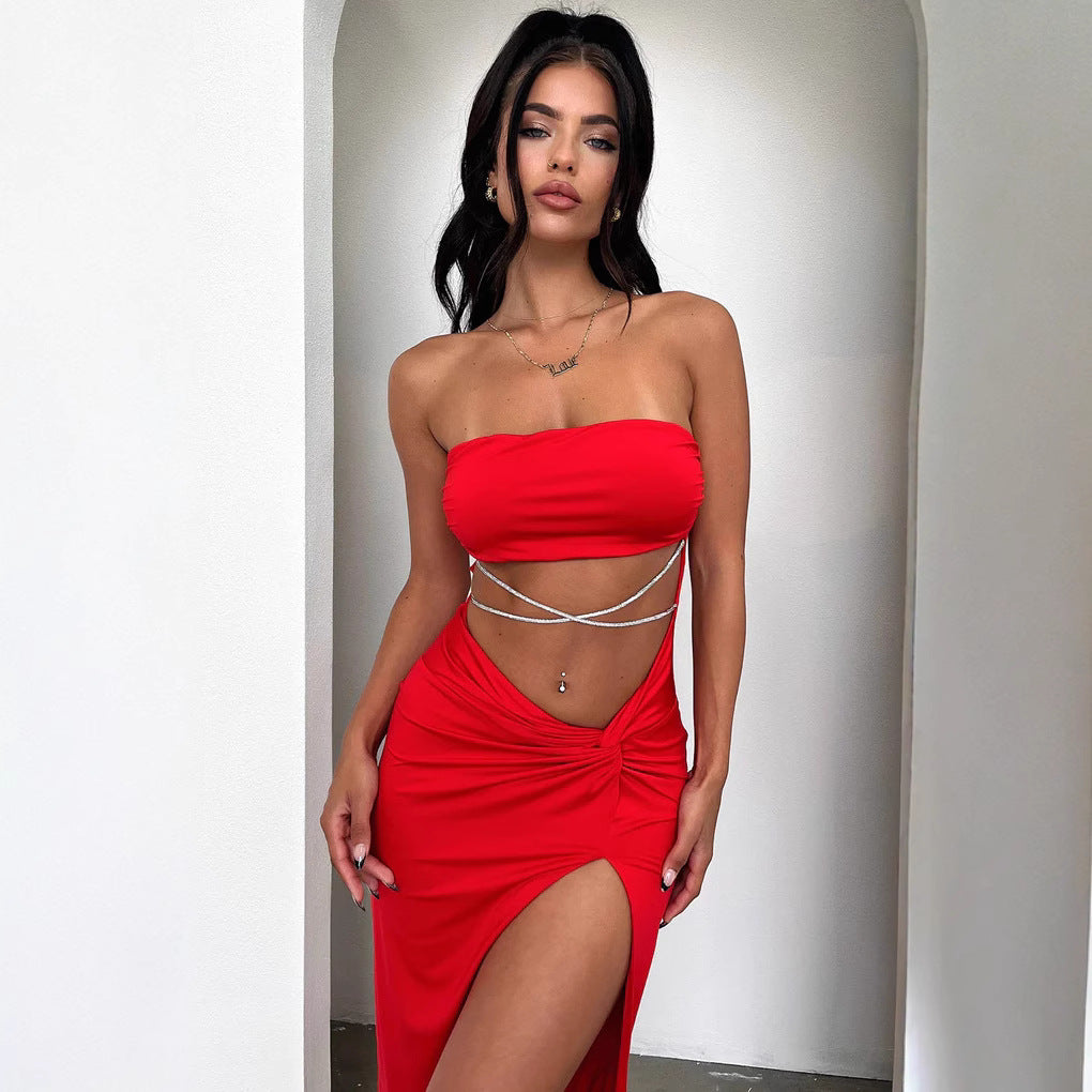 Dame Elegant bandeau Maxikjole med høj slids og glitrende detaljer Skovae