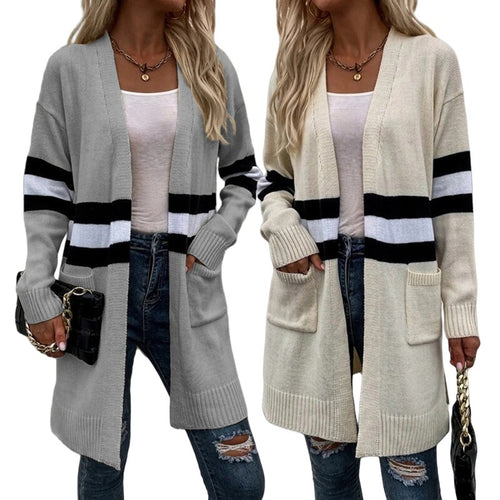 Kvinders chunky strikket cardigan med afslappede striber og dybe lommer Stilla