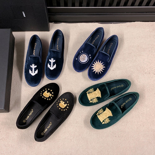 Dame Samt Slipper med unikt soltryk og elegant guldaccent Stilla