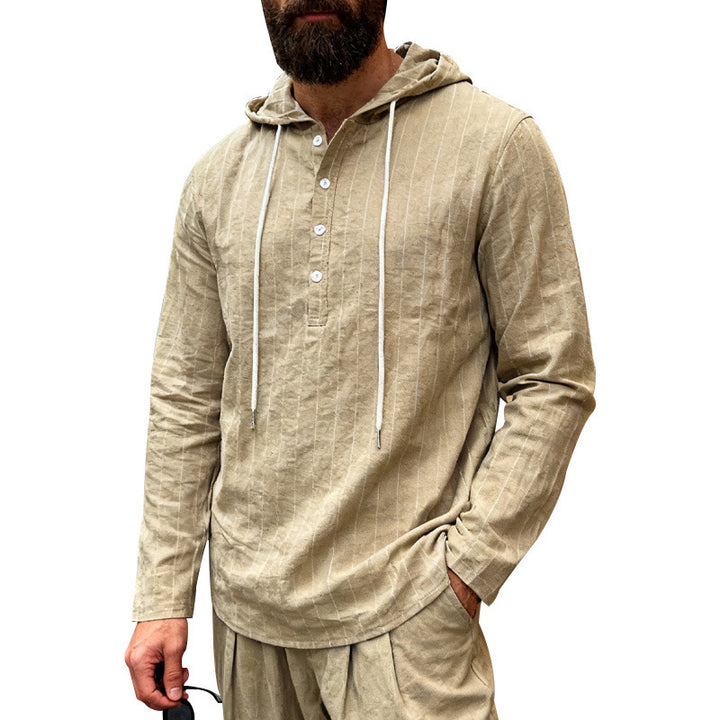 Herre nan hoodie lavet af en blanding af hør med halvs-kneppede og nålestriber Skovae