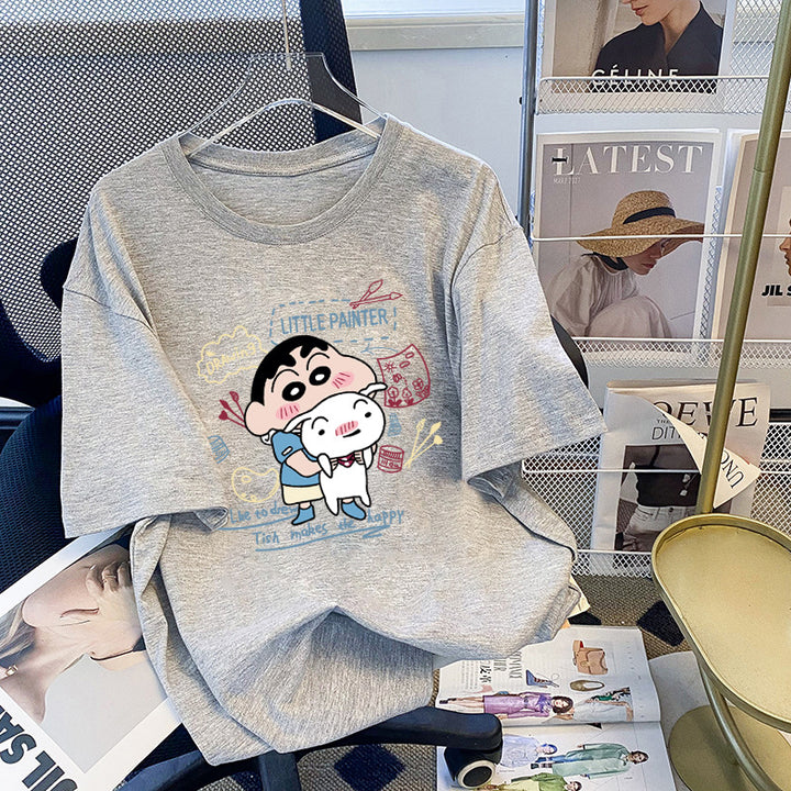 Dame T-shirt med kunstnerisk cartoon-tryk og behagelig pasform Stilla