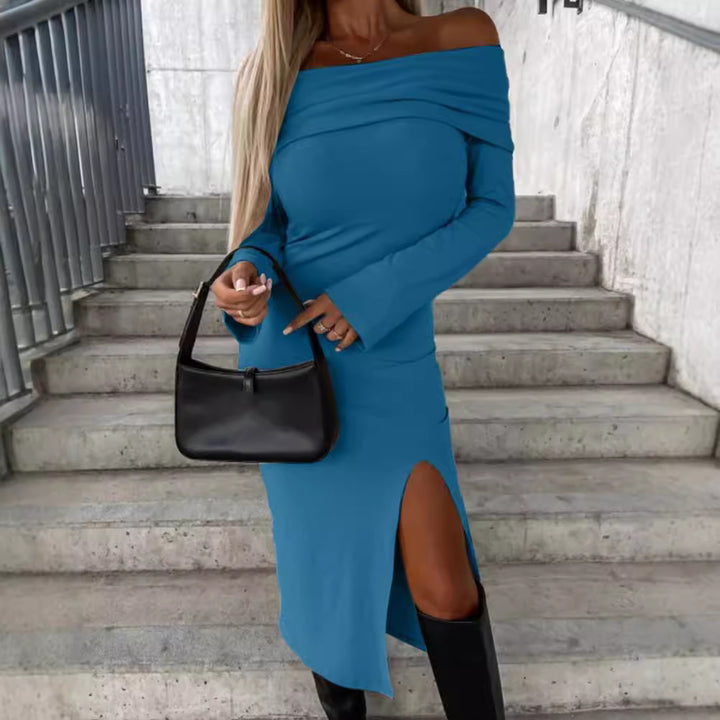 Dame Off-Shoulder Maxikjole med elegant split og lange ærmer Stilla
