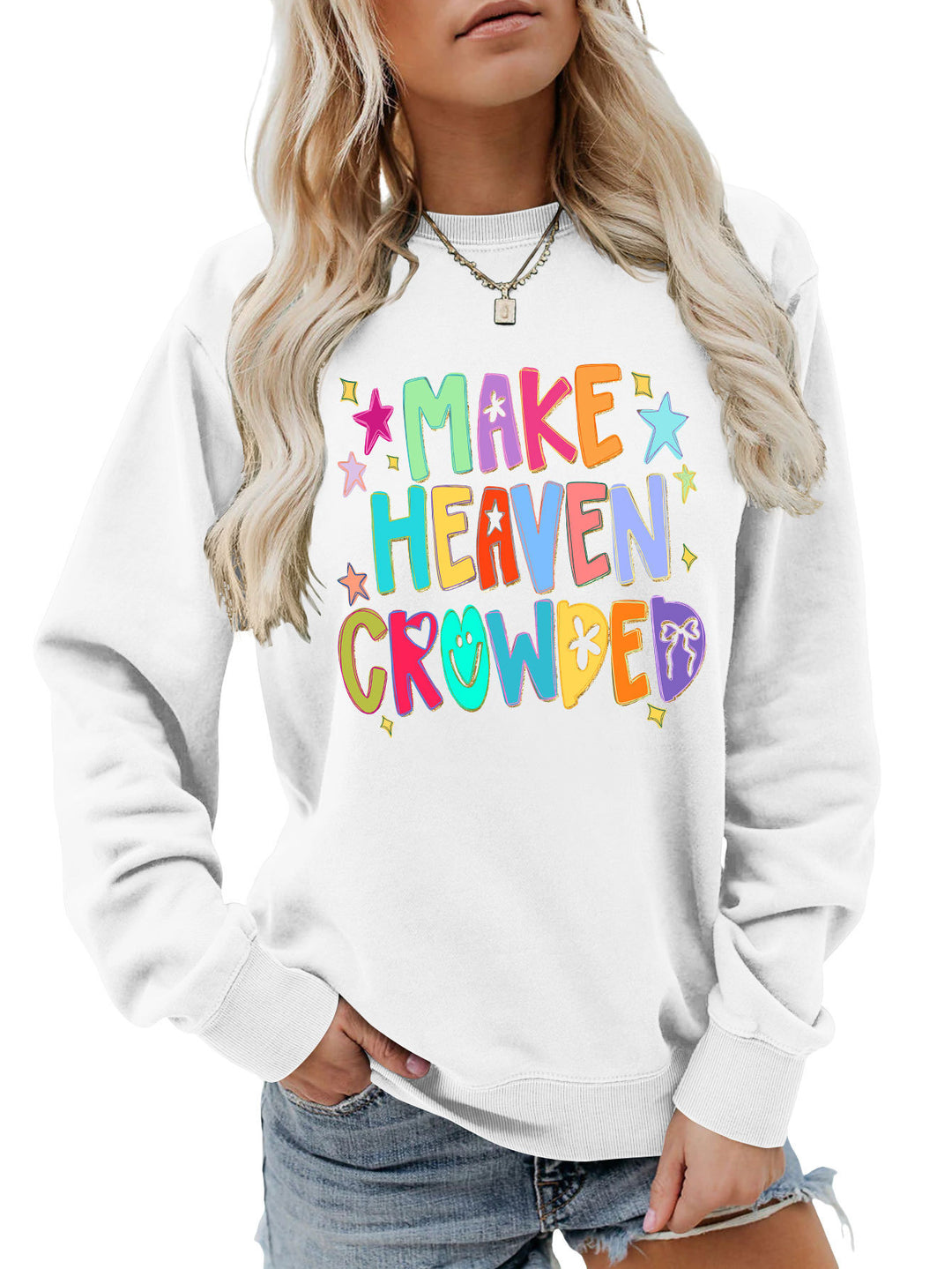Kvinders sweatshirt med farverigt design og legende tekst Stilla