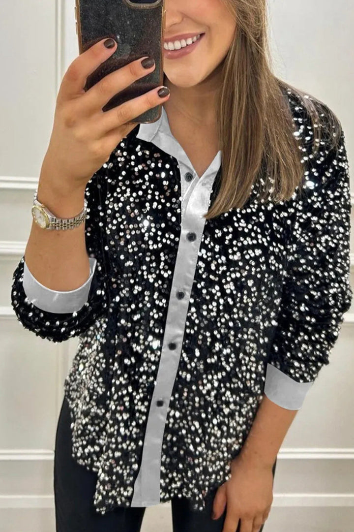 Dame glamourøs pailletbluse med klassisk krave og lange ærmer Stilla