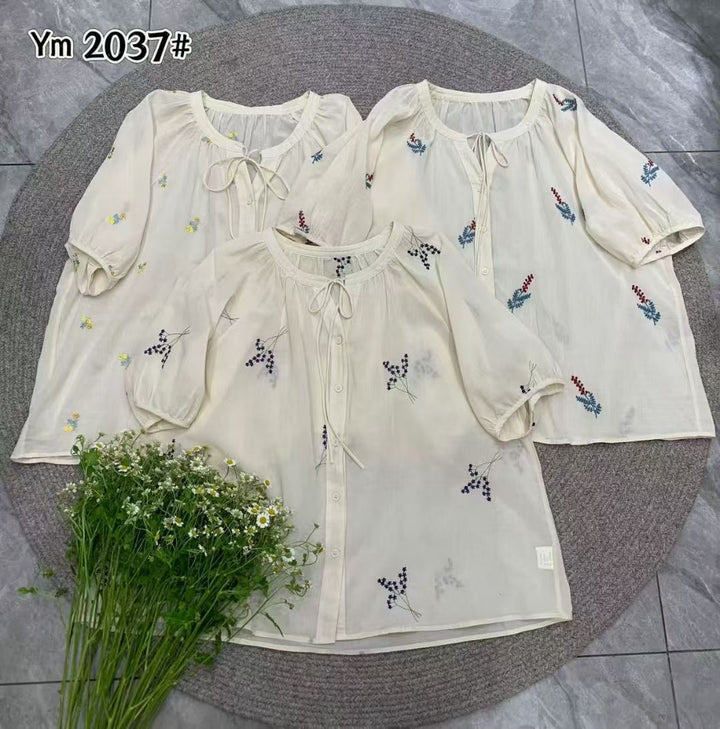 Dame Broderet Bluse med Knude Slips og Ballonærmer Stilla