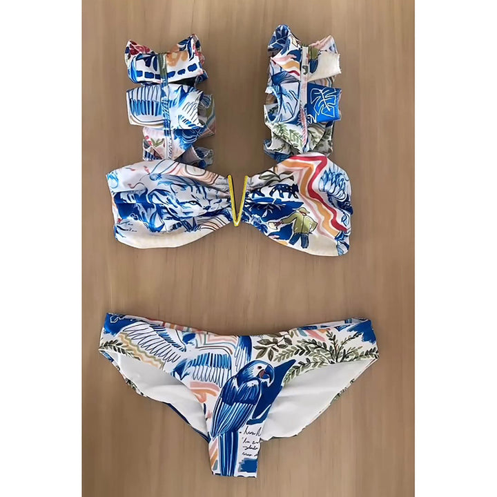 Dame bikini-sæt med voluminøse flæsedetaljer og elegant blomster-design Stilla