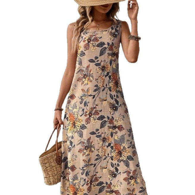Dame Langt Sommerkjole med blomsterprint og elegant snit Skovae