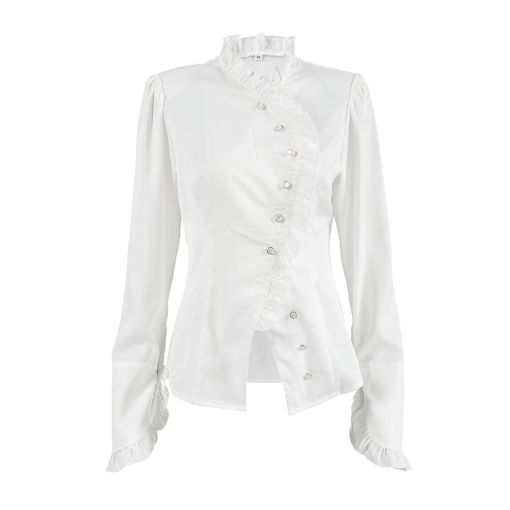 Damebluse med voluminøse flæser og elegant krave Stilla