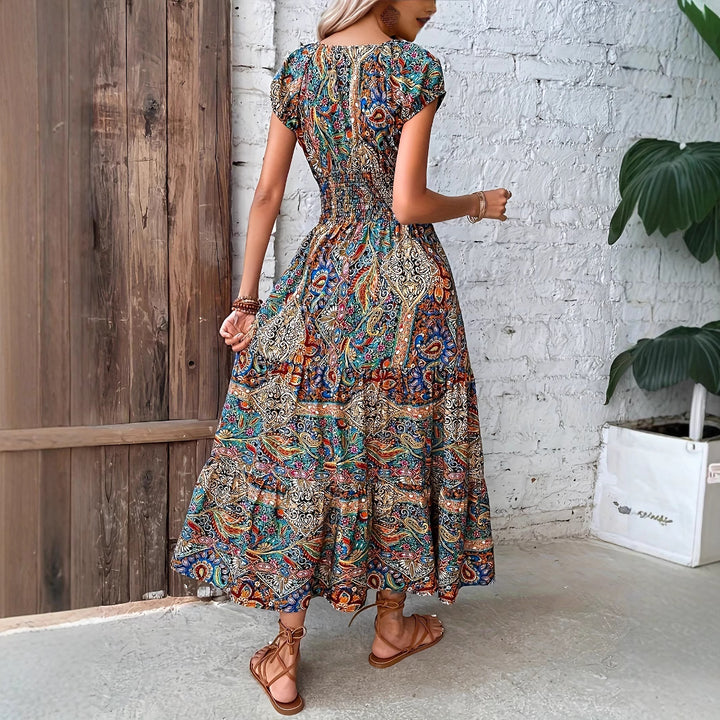 Dame Maxikjole med boho-inspireret mønstermix og elastisk overdel Stilla